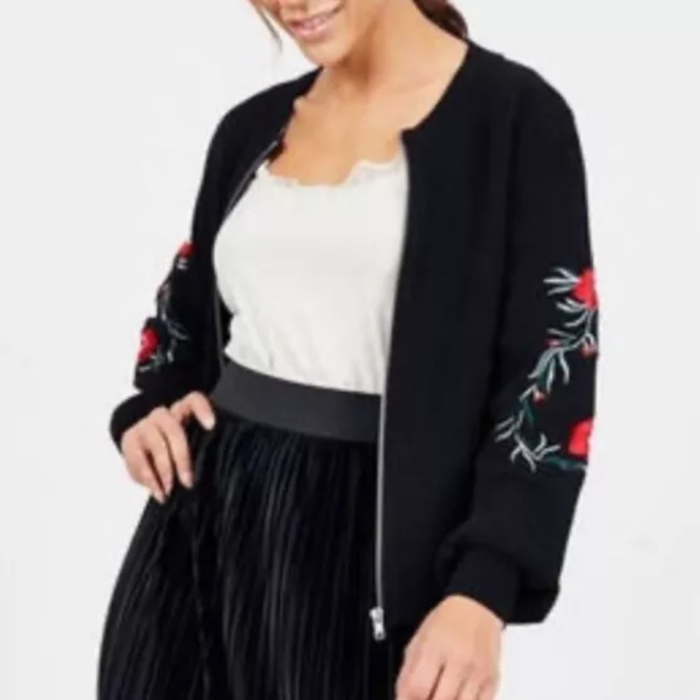 Octavia Embroidered Floral Zip Front Black Women's Long Sleeve Cardigan Jacket